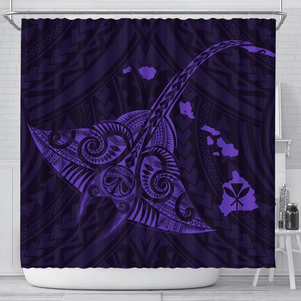 Hawaiian Map Kanaka Manta Ray Polynesian Shower Curtain Purple - AH 177 x 172 (cm) Black - Polynesian Pride