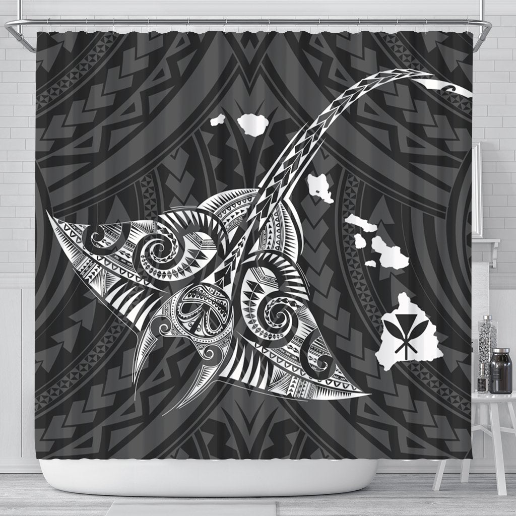 Hawaiian Map Kanaka Manta Ray Polynesian Shower Curtain White - AH 177 x 172 (cm) Black - Polynesian Pride