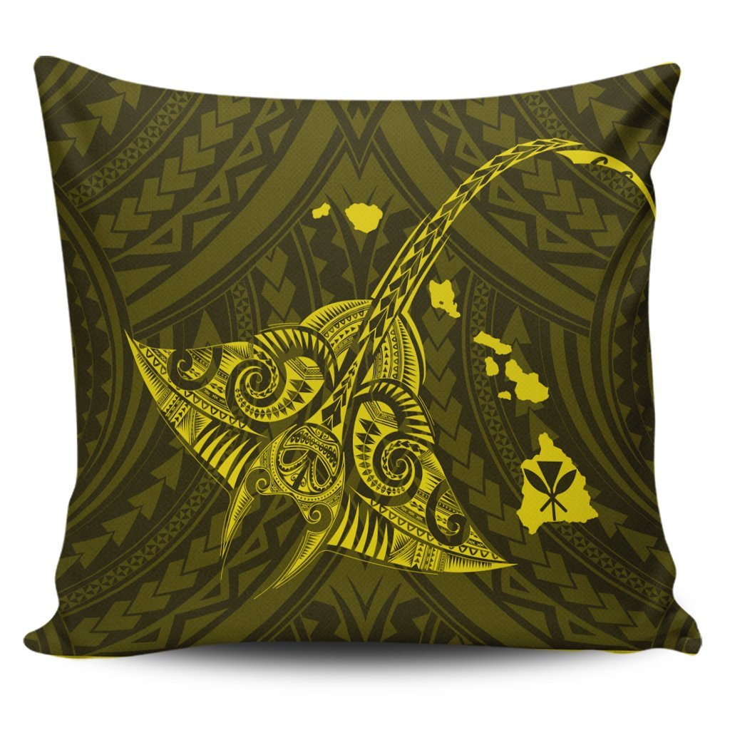 Hawaiian Map Kanaka Manta Ray Polynesian Pillow Covers Yellow - AH Pillow Covers Black - Polynesian Pride