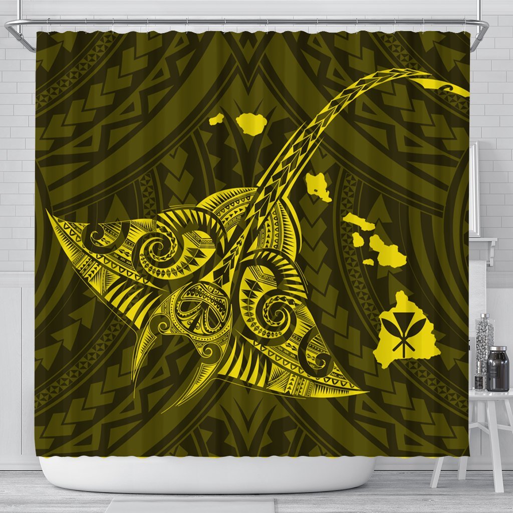 Hawaiian Map Kanaka Manta Ray Polynesian Shower Curtain Yellow - AH 177 x 172 (cm) Black - Polynesian Pride