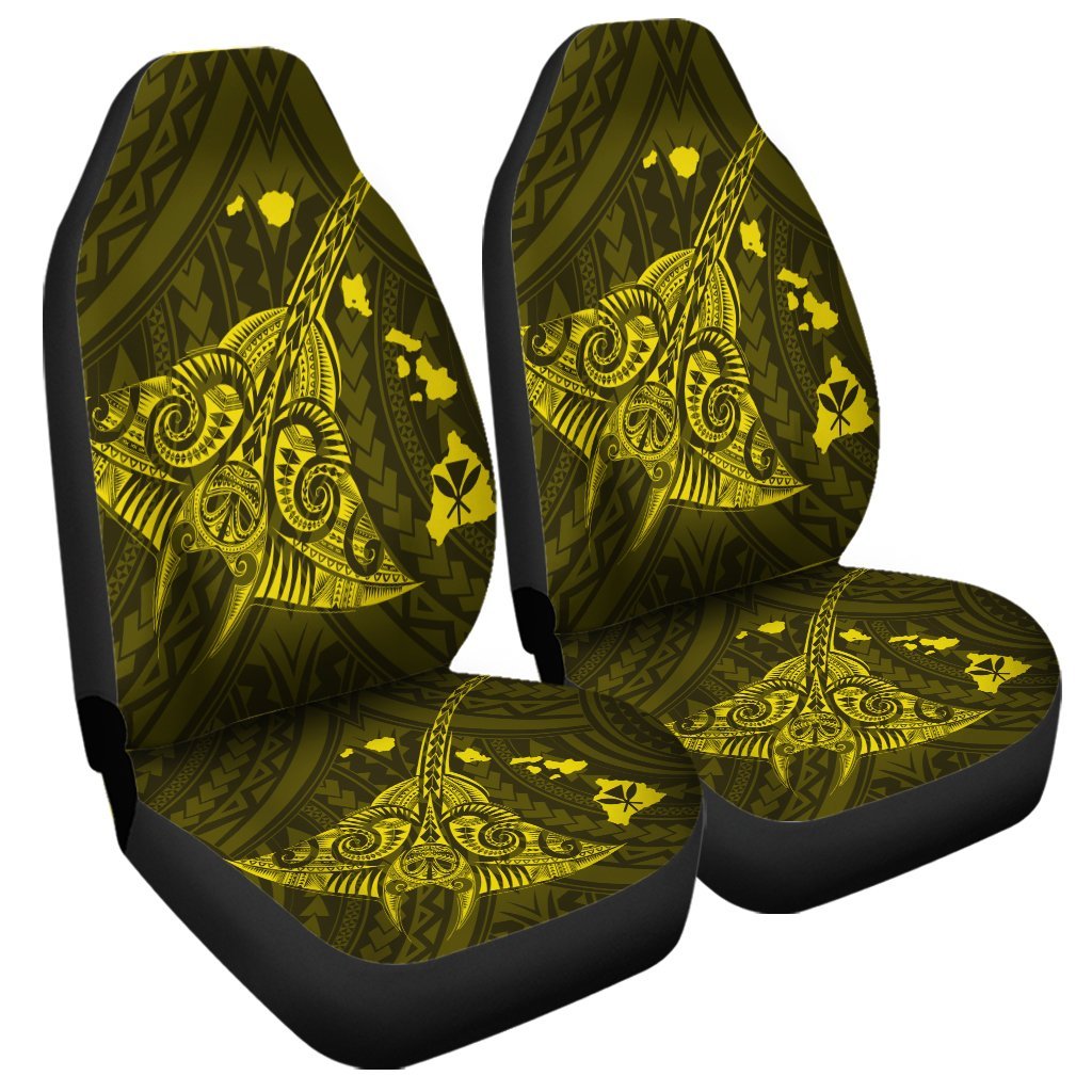 Hawaiian Map Kanaka Manta Ray Polynesian Car Seat Covers Yellow - AH Universal Fit Black - Polynesian Pride