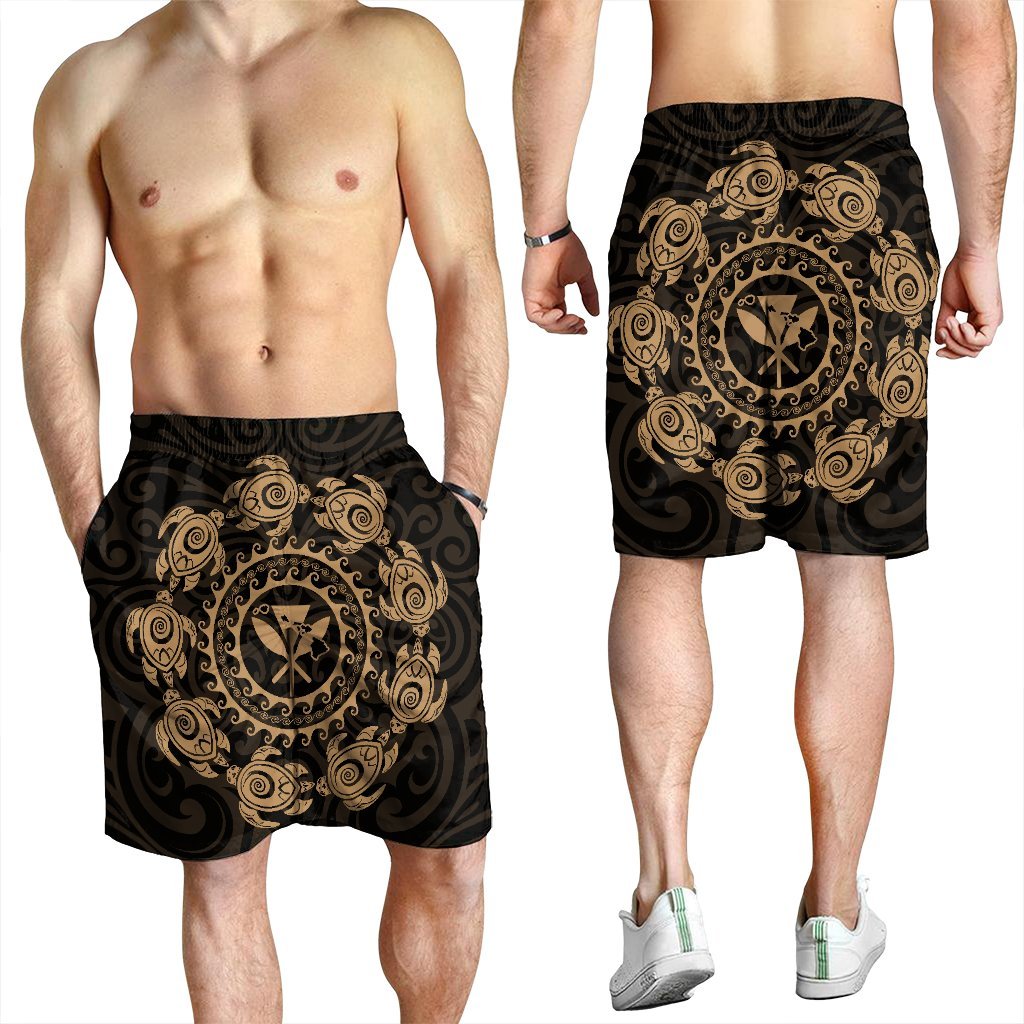 Hawaiian Map Kanaka Turtles Circle Style Gold Polynesian Men's Shorts - AH - Polynesian Pride