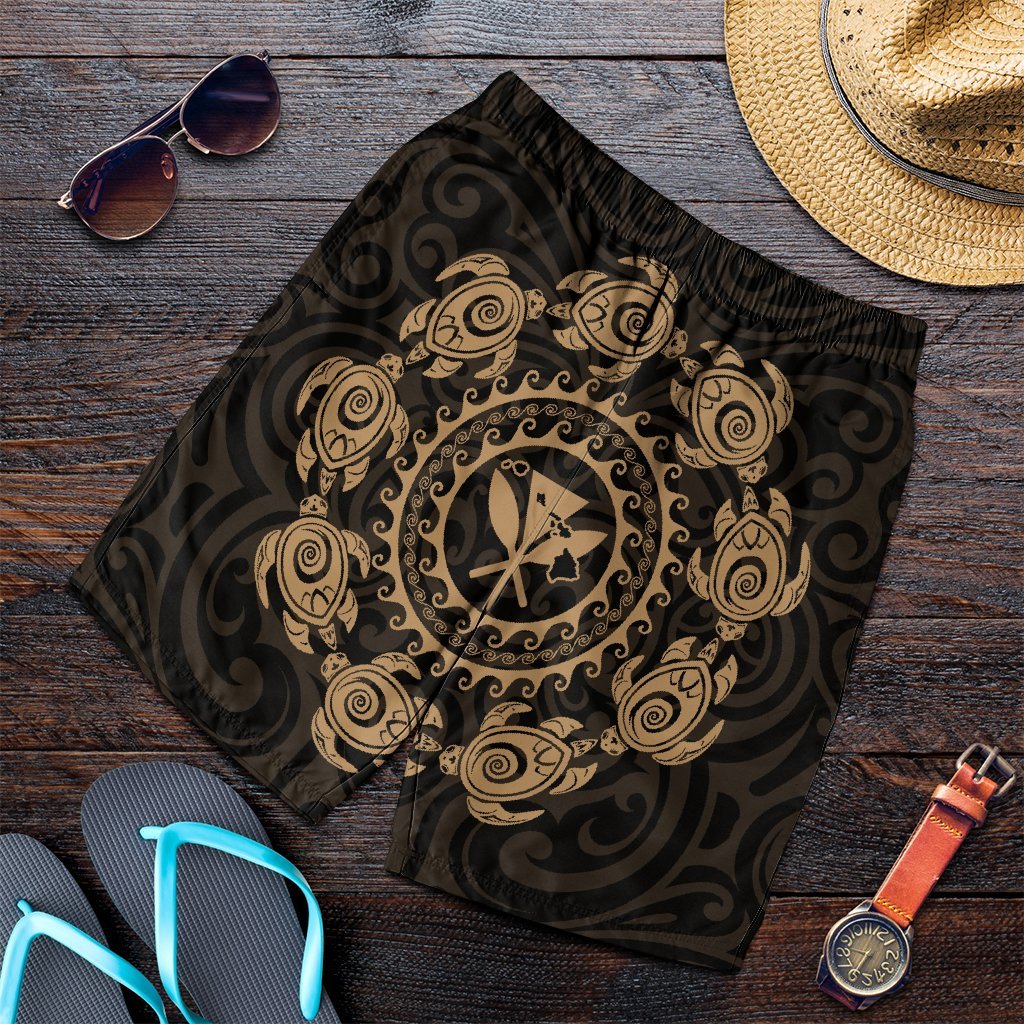 Hawaiian Map Kanaka Turtles Circle Style Gold Polynesian Men's Shorts - AH Art - Polynesian Pride