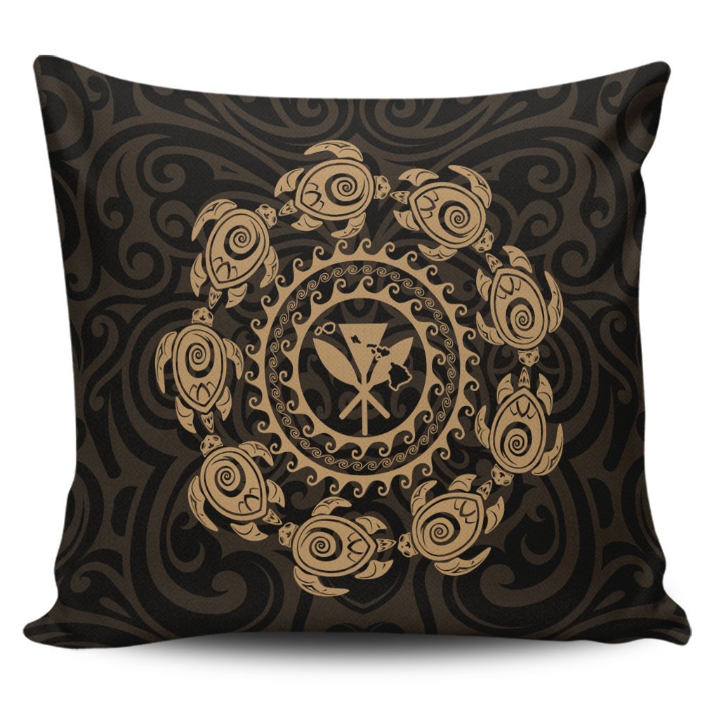 Hawaiian Map Kanaka Turtles Circle Style Gold Polynesian Pillow Covers - AH Pillow Covers Black - Polynesian Pride