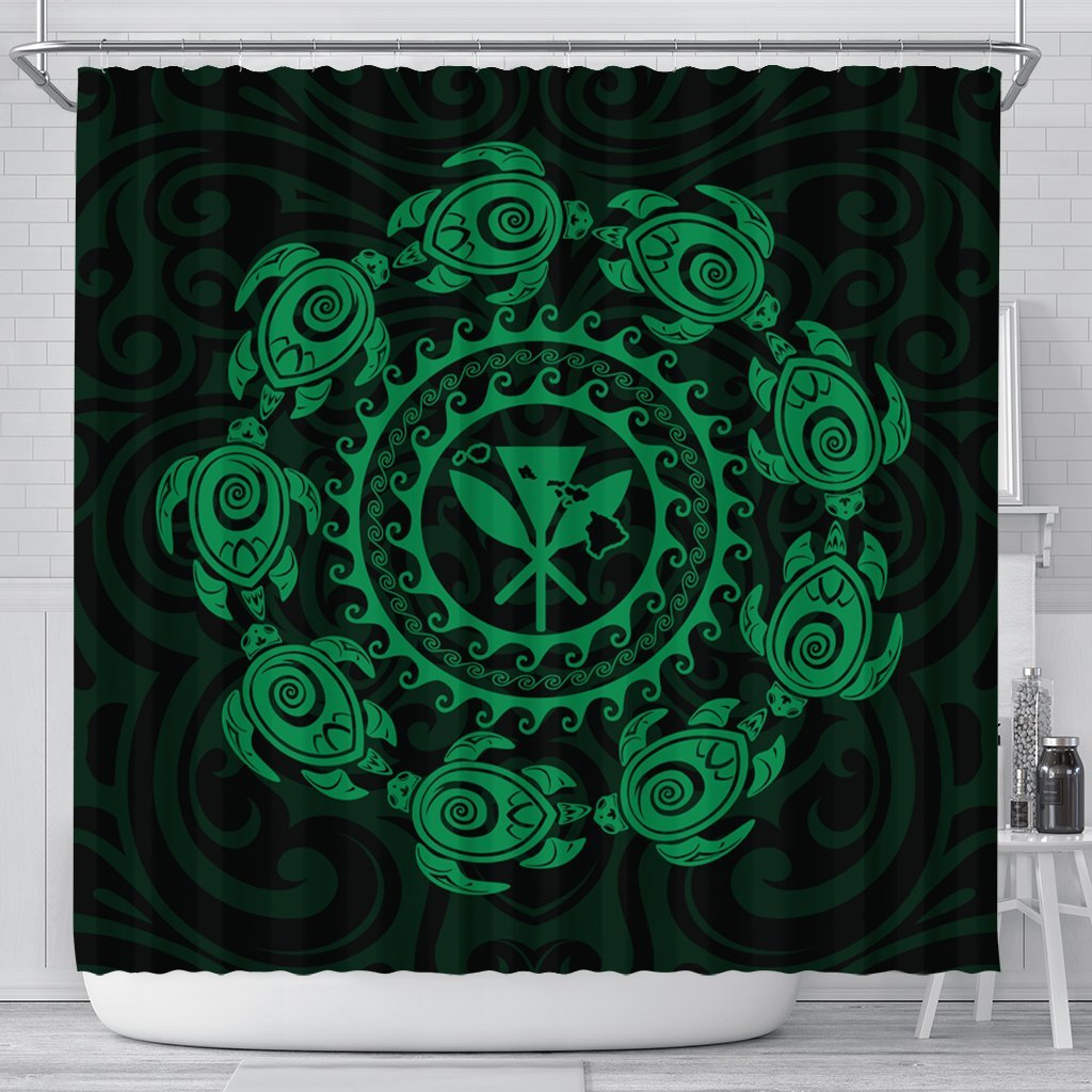 Hawaiian Map Kanaka Turtles Circle Style Green Polynesian Shower Curtain - AH 177 x 172 (cm) Black - Polynesian Pride