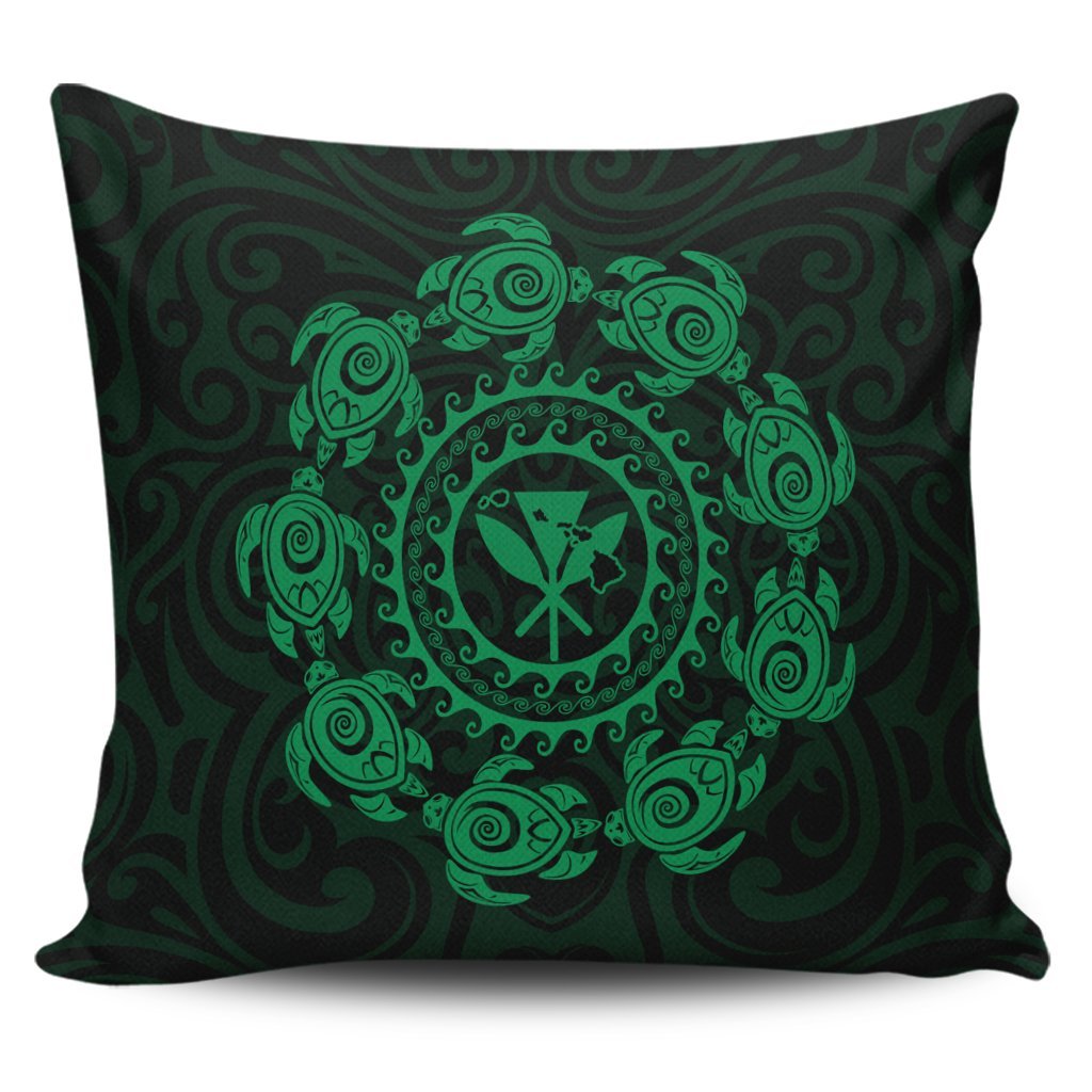 Hawaiian Map Kanaka Turtles Circle Style Green Polynesian Pillow Covers - AH Pillow Covers Black - Polynesian Pride