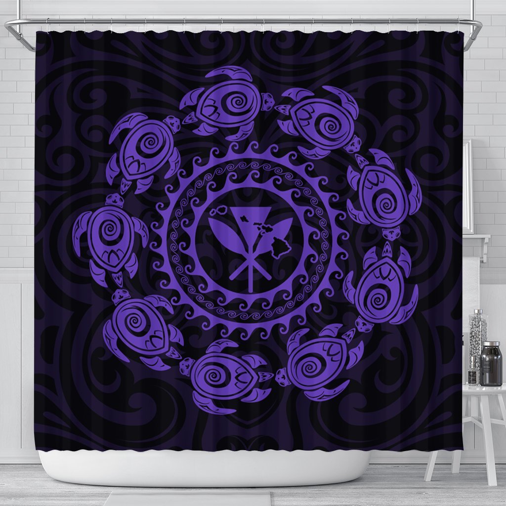 Hawaiian Map Kanaka Turtles Circle Style Purple Polynesian Shower Curtain - AH 177 x 172 (cm) Black - Polynesian Pride