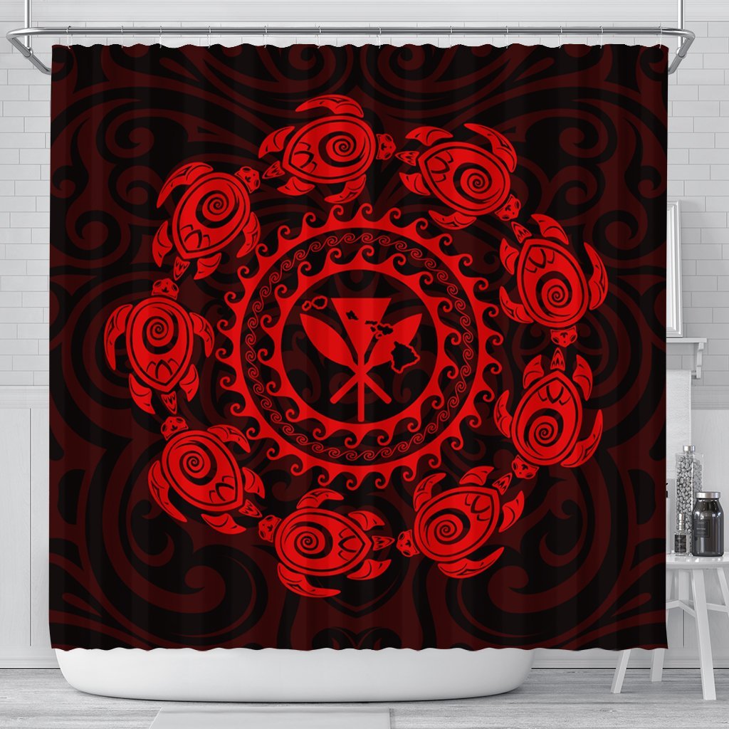 Hawaiian Map Kanaka Turtles Circle Style Red Polynesian Shower Curtain - AH 177 x 172 (cm) Black - Polynesian Pride