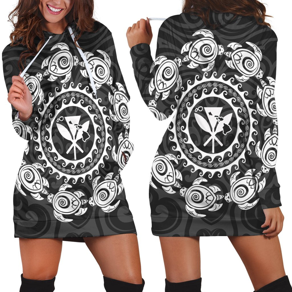 Hawaiian Map Kanaka Turtles Circle Style White Polynesian Hoodie Dress - AH Black - Polynesian Pride