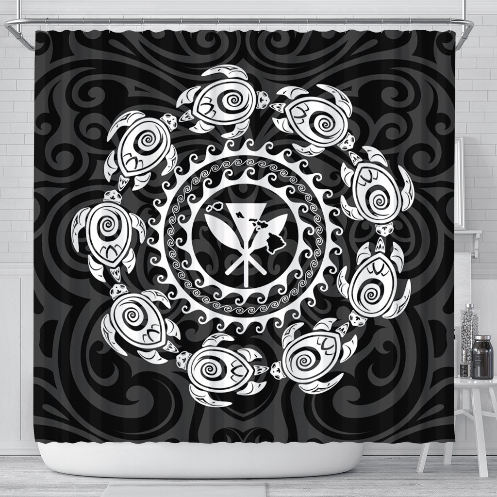 Hawaiian Map Kanaka Turtles Circle Style White Polynesian Shower Curtain - AH 177 x 172 (cm) Black - Polynesian Pride