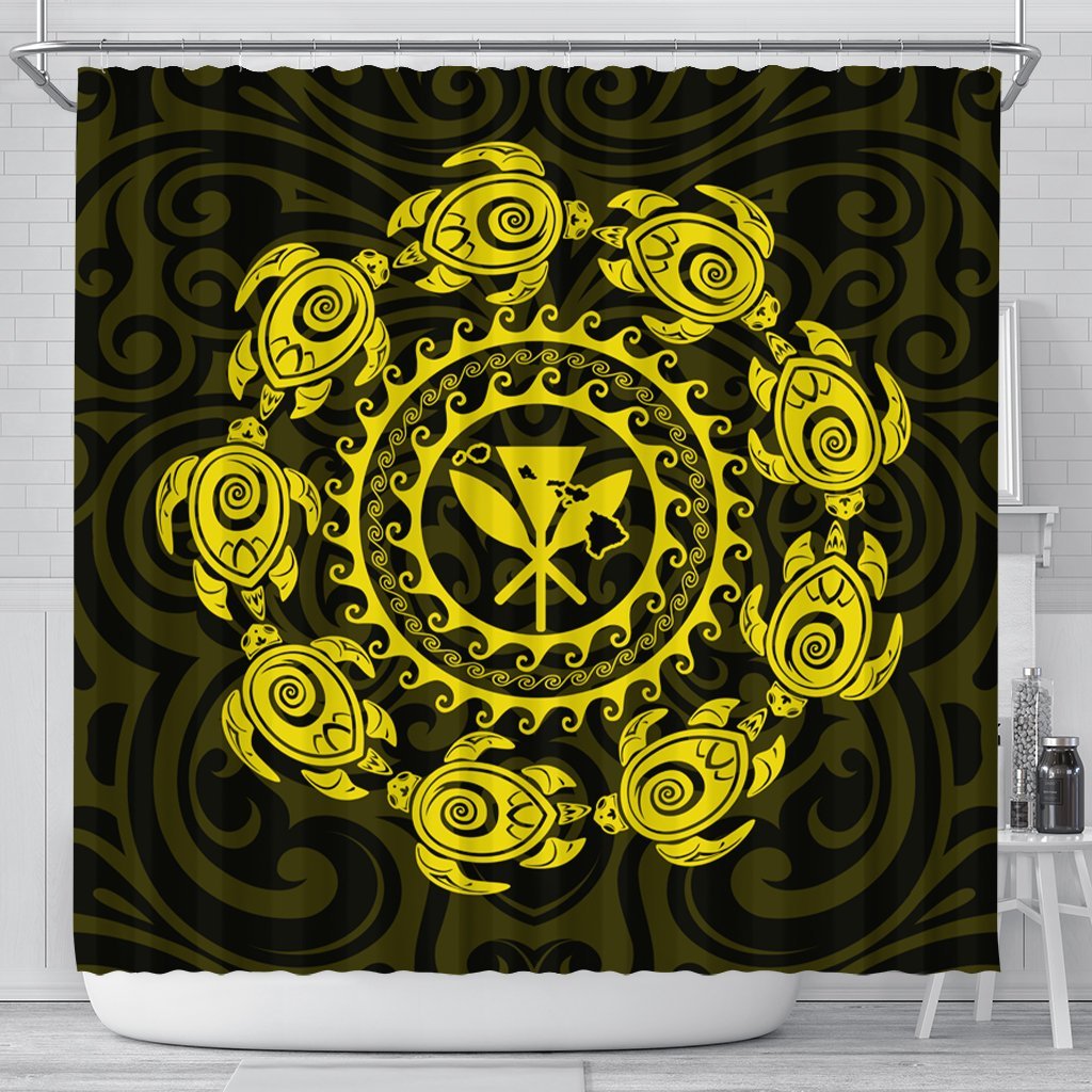 Hawaiian Map Kanaka Turtles Circle Style Yellow Polynesian Shower Curtain - AH 177 x 172 (cm) Black - Polynesian Pride