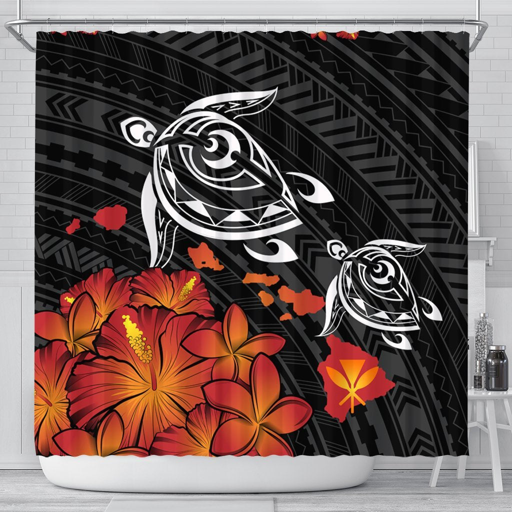 Hawaiian Map Kanaka Turtles Hibiscus Plumeria Shower Curtain - AH 177 x 172 (cm) Black - Polynesian Pride