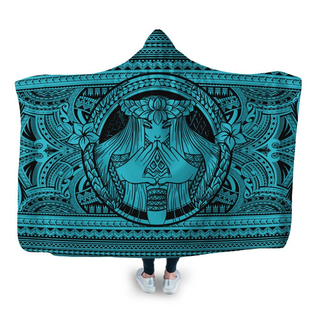 Hawaiian Map Madame Pele Mauna Kea Plumeria Polynesian Hooded Blanket Blue AH Hooded Blanket White - Polynesian Pride