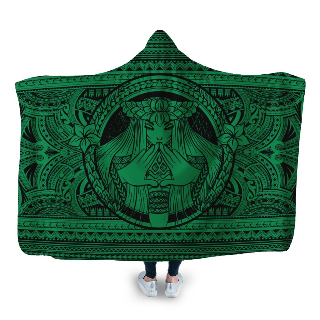 Hawaiian Map Madame Pele Mauna Kea Plumeria Polynesian Hooded Blanket Green AH Hooded Blanket White - Polynesian Pride