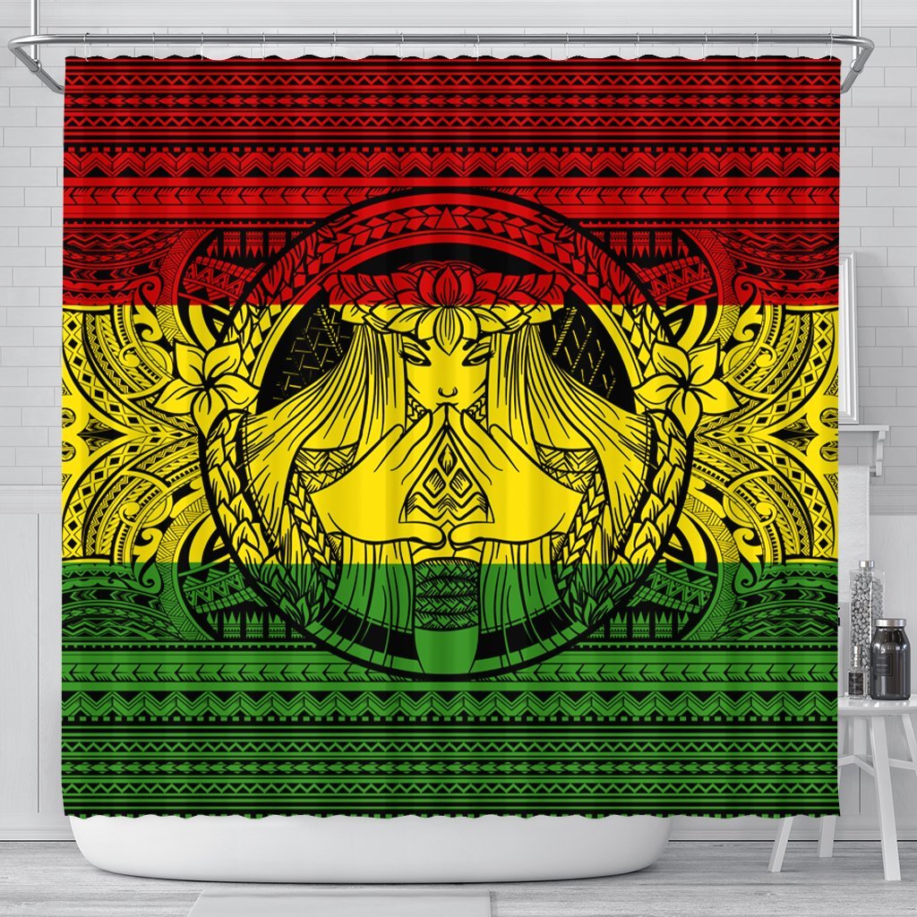 Hawaiian Map Madame Pele Mauna Kea Plumeria Polynesian Shower Curtain Reggae AH 177 x 172 (cm) Black - Polynesian Pride