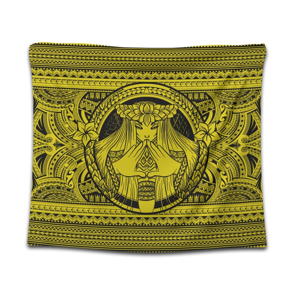 Hawaiian Map Madame Pele Mauna Kea Plumeria Polynesian Tapestry Yellow AH Wall Tapestry Black - Polynesian Pride