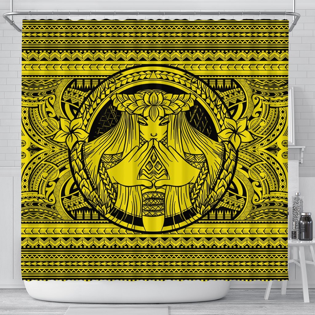 Hawaiian Map Madame Pele Mauna Kea Plumeria Polynesian Shower Curtain Yellow AH 177 x 172 (cm) Black - Polynesian Pride