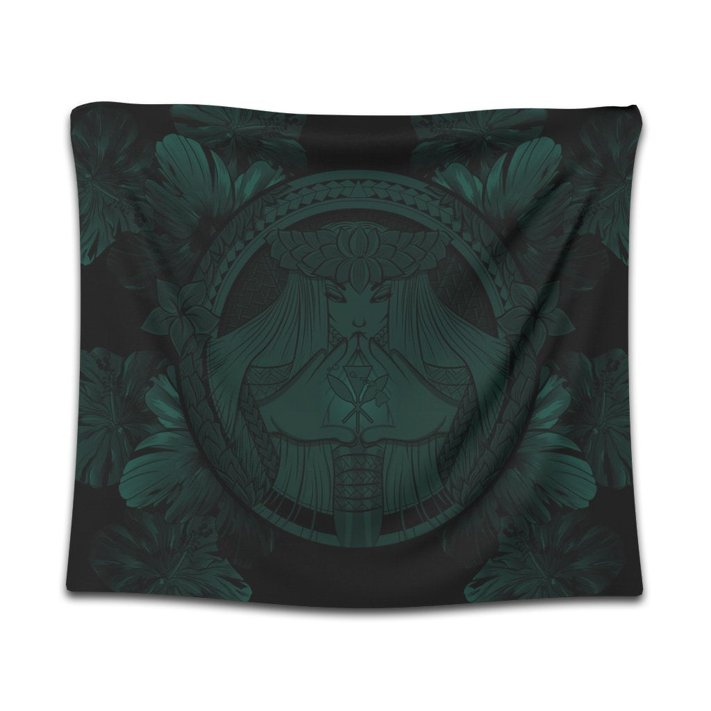 Hawaiian Map Madame Pele Polynesian Tapestry Dark Green AH Wall Tapestry Black - Polynesian Pride