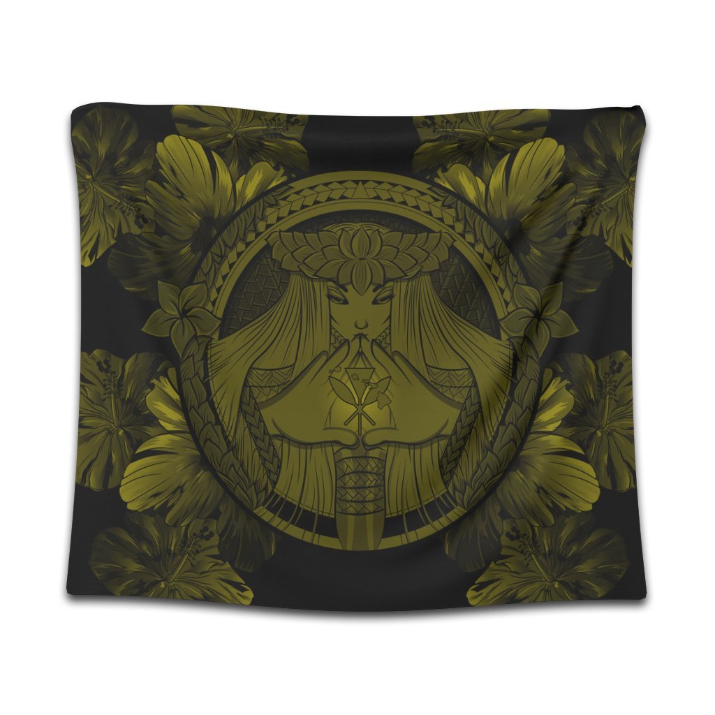 Hawaiian Map Madame Pele Polynesian Tapestry Yellow AH Wall Tapestry Black - Polynesian Pride