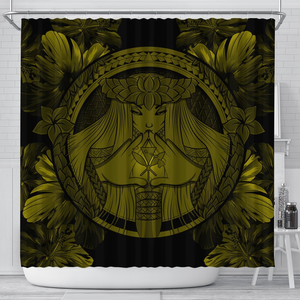 Hawaiian Map Madame Pele Polynesian Shower Curtain Yellow AH 177 x 172 (cm) Black - Polynesian Pride