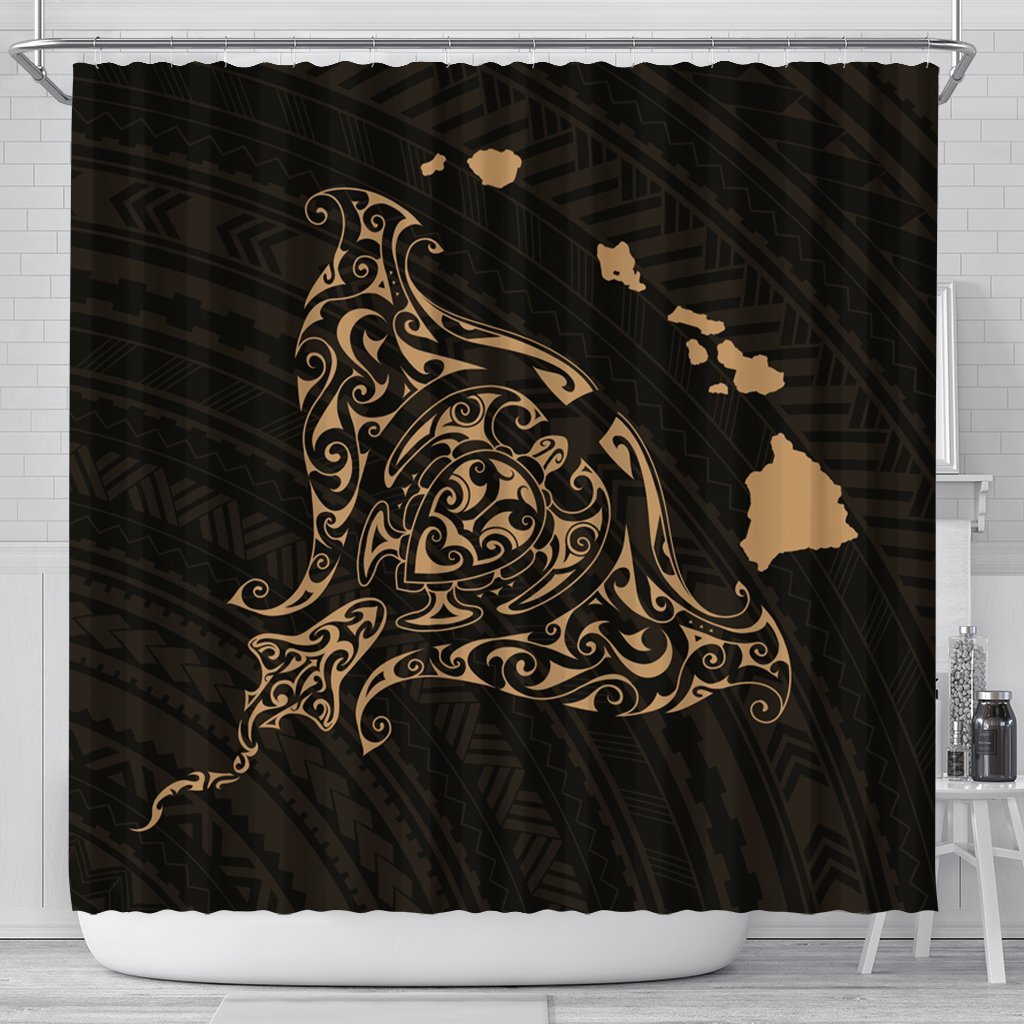 Hawaiian Map Manta Ray Gold Polynesian Shower Curtain - AH 177 x 172 (cm) Black - Polynesian Pride