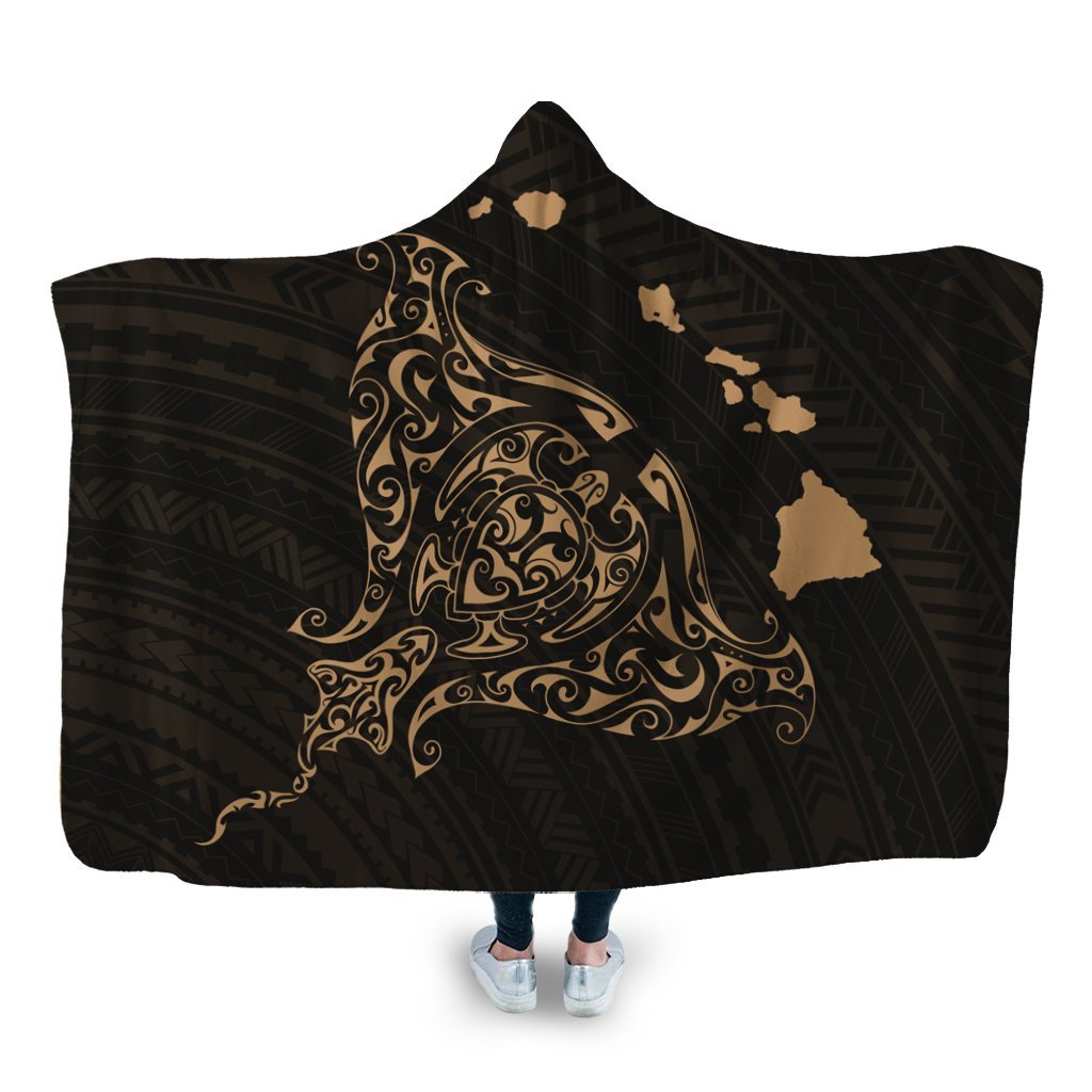 Hawaiian Map Manta Ray Gold Polynesian Hooded Blanket - AH Hooded Blanket White - Polynesian Pride