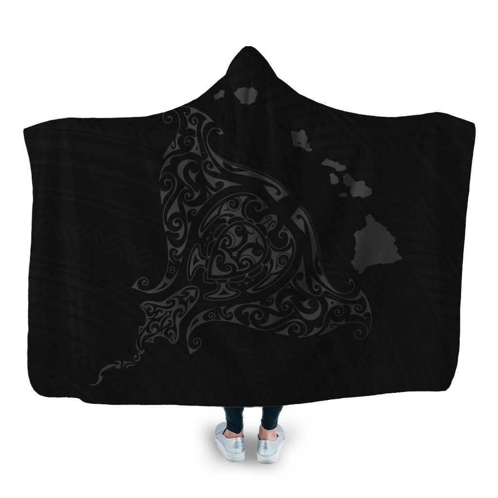 Hawaiian Map Manta Ray Gray Polynesian Hooded Blanket - AH Hooded Blanket White - Polynesian Pride