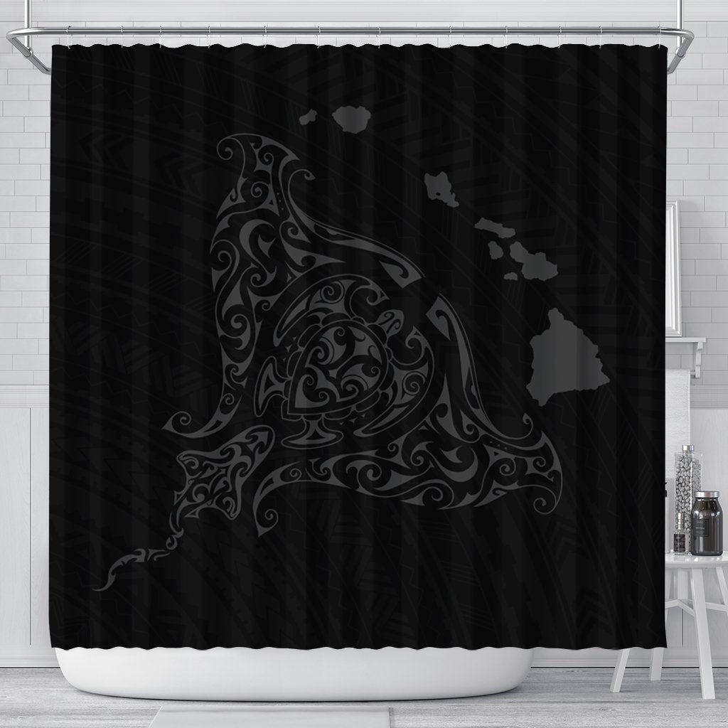 Hawaiian Map Manta Ray Gray Polynesian Shower Curtain - AH 177 x 172 (cm) Black - Polynesian Pride