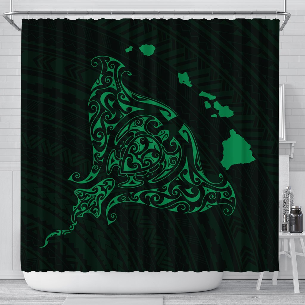 Hawaiian Map Manta Ray Green Polynesian Shower Curtain - AH 177 x 172 (cm) Black - Polynesian Pride