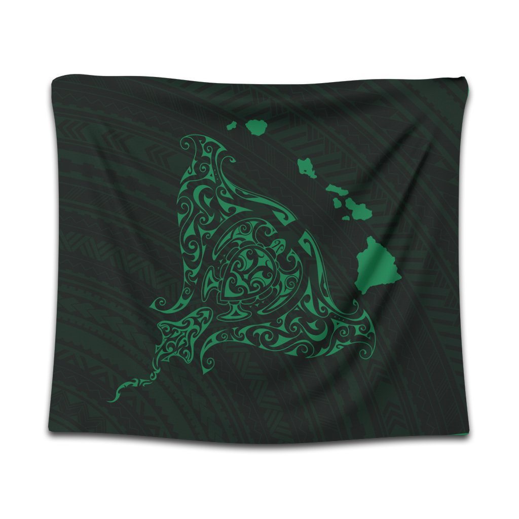 Hawaiian Map Manta Ray Green Polynesian Tapestry - AH Wall Tapestry Black - Polynesian Pride