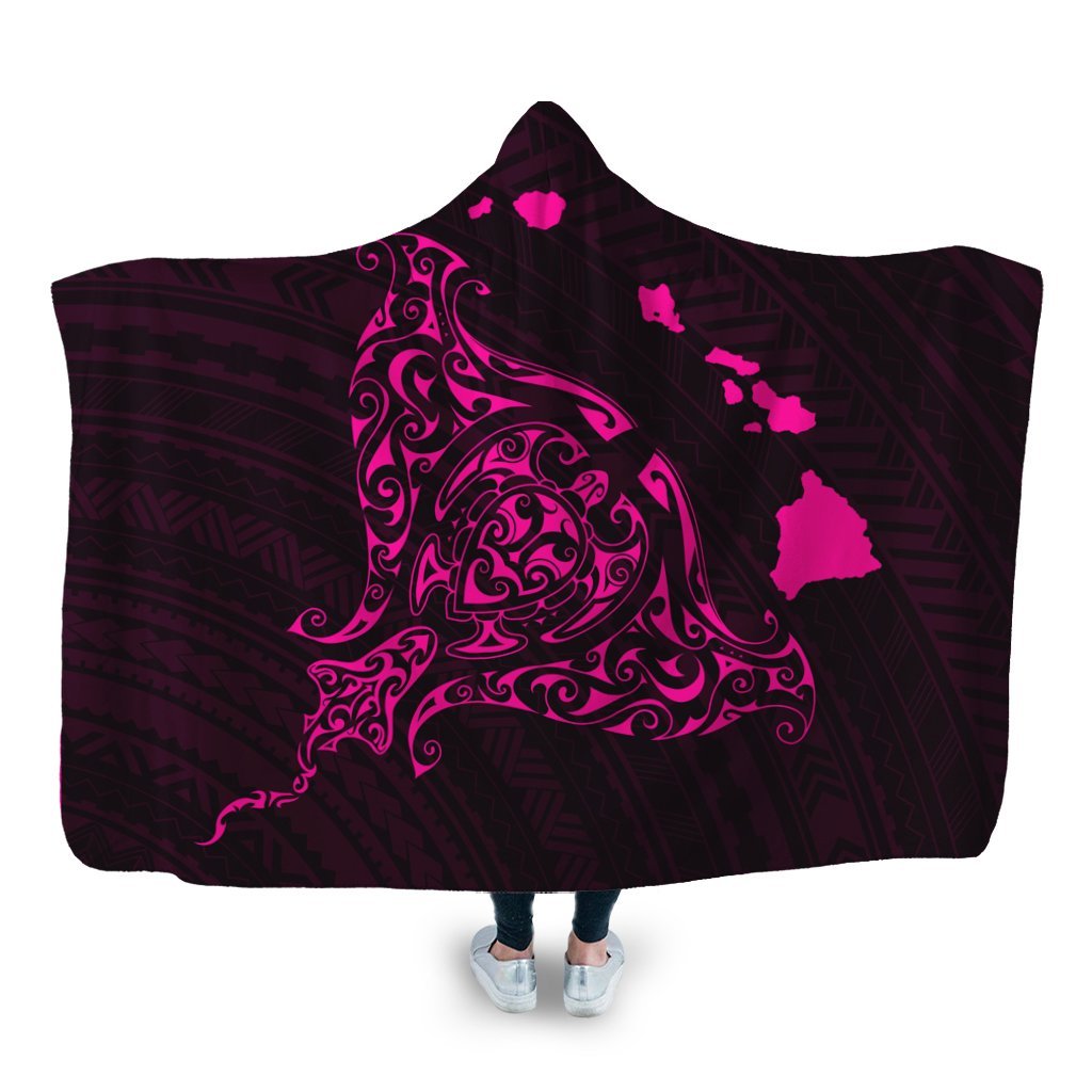 Hawaiian Map Manta Ray Pink Polynesian Hooded Blanket - AH Hooded Blanket White - Polynesian Pride