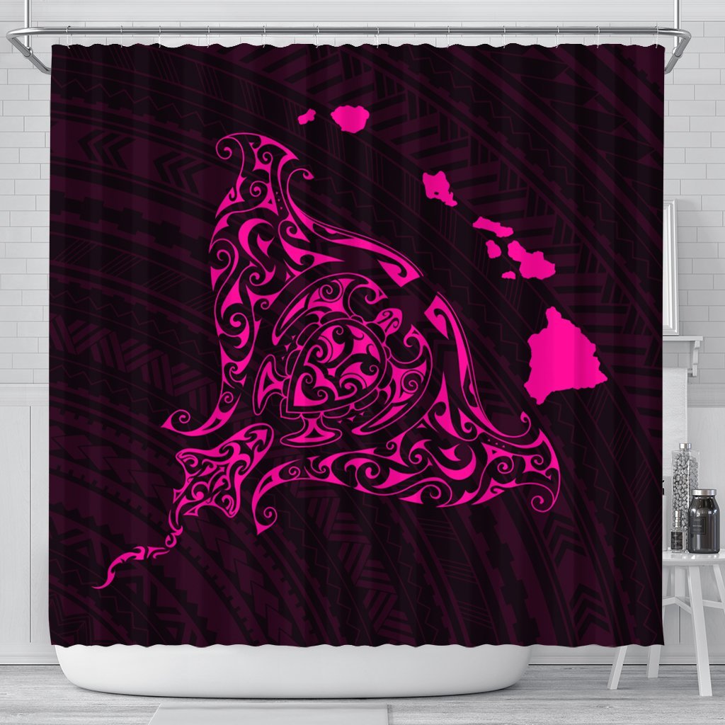 Hawaiian Map Manta Ray Pink Polynesian Shower Curtain - AH 177 x 172 (cm) Black - Polynesian Pride