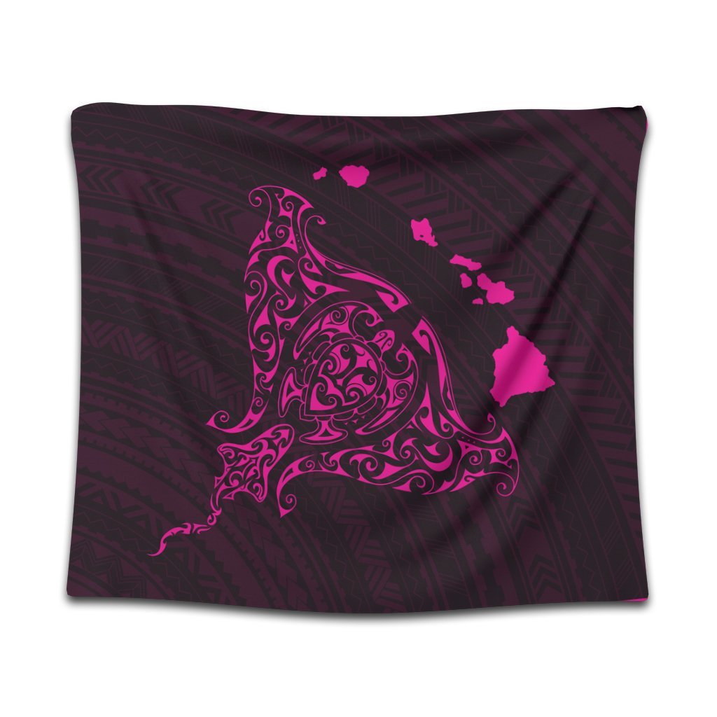 Hawaiian Map Manta Ray Pink Polynesian Tapestry - AH Wall Tapestry Black - Polynesian Pride