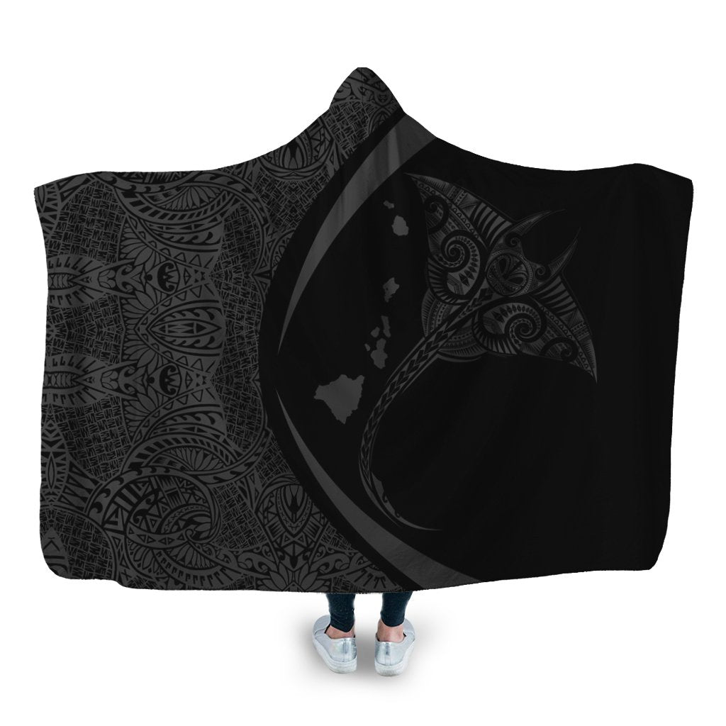 Hawaiian Map Manta Ray Polynesian Hooded Blanket - Gray - Circle Style - AH Hooded Blanket White - Polynesian Pride