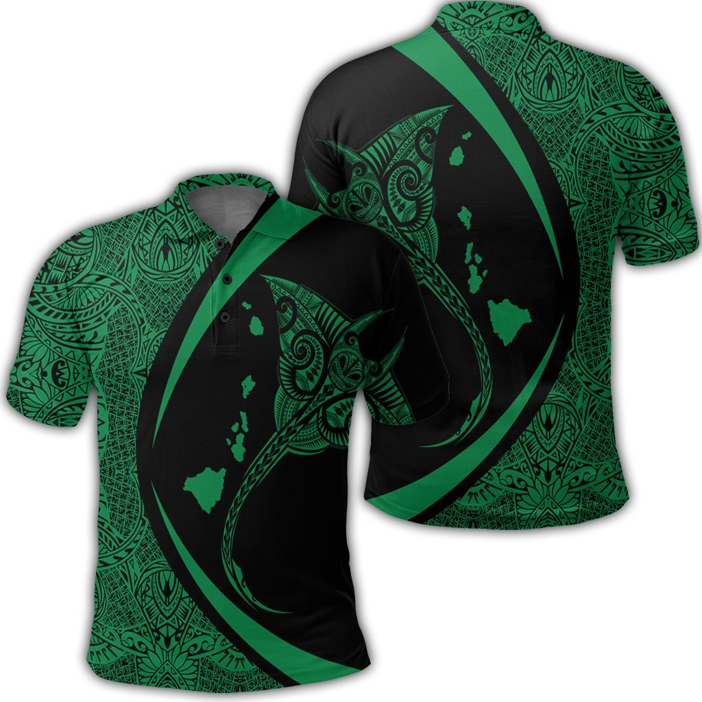 Hawaiian Map Manta Ray Polynesian Polo Shirt Green Circle Style Unisex Black - Polynesian Pride