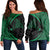 Hawaiian Map Manta Ray Polynesian Women's Off Shoulder Sweater - Green - Circle Style - AH Black - Polynesian Pride