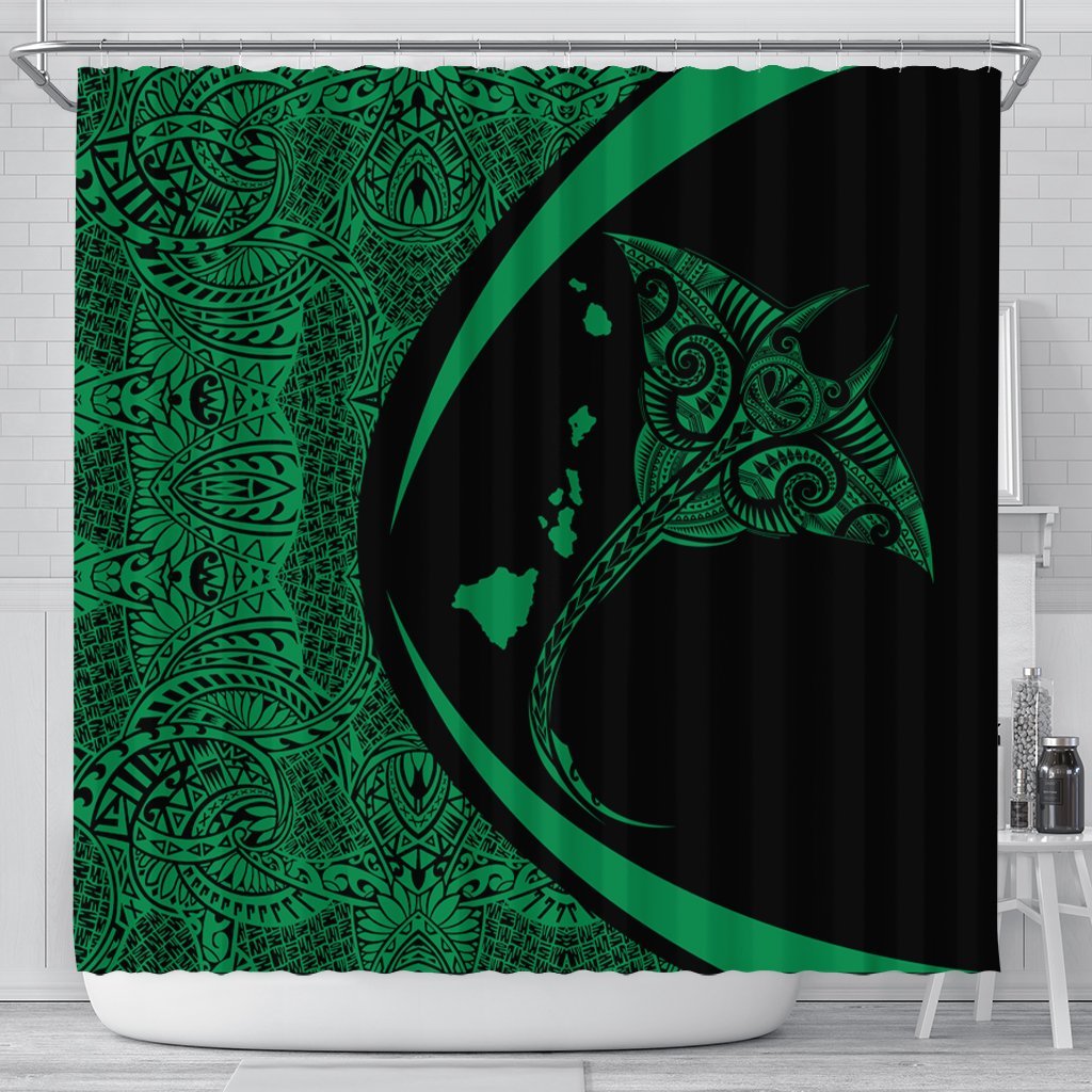 Hawaiian Map Manta Ray Polynesian Shower Curtain - Green - Circle Style - AH 177 x 172 (cm) Black - Polynesian Pride