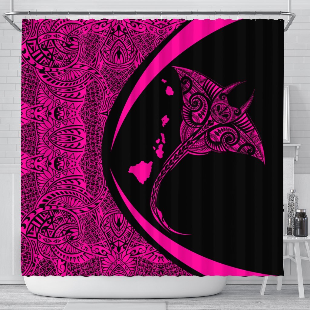 Hawaiian Map Manta Ray Polynesian Shower Curtain - Pink - AH 177 x 172 (cm) Black - Polynesian Pride