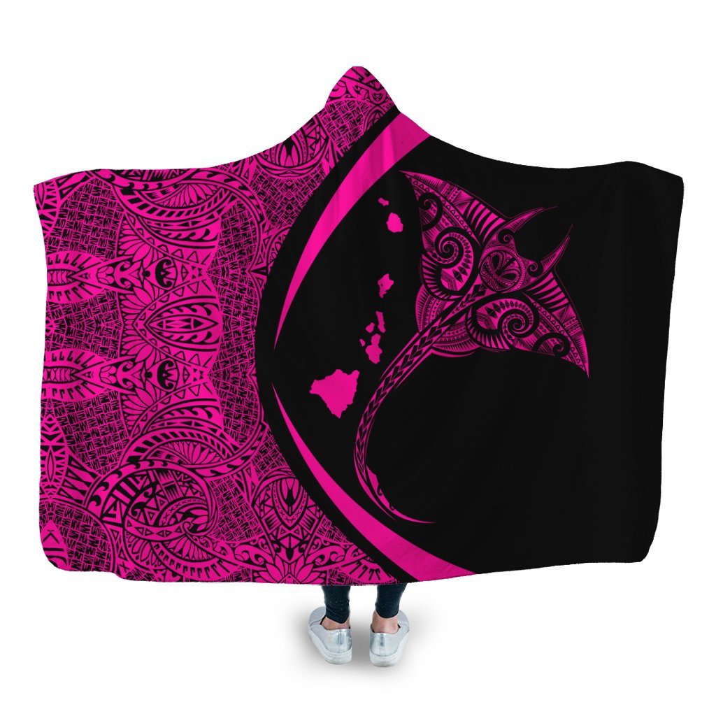 Hawaiian Map Manta Ray Polynesian Hooded Blanket - Pink - AH Hooded Blanket White - Polynesian Pride