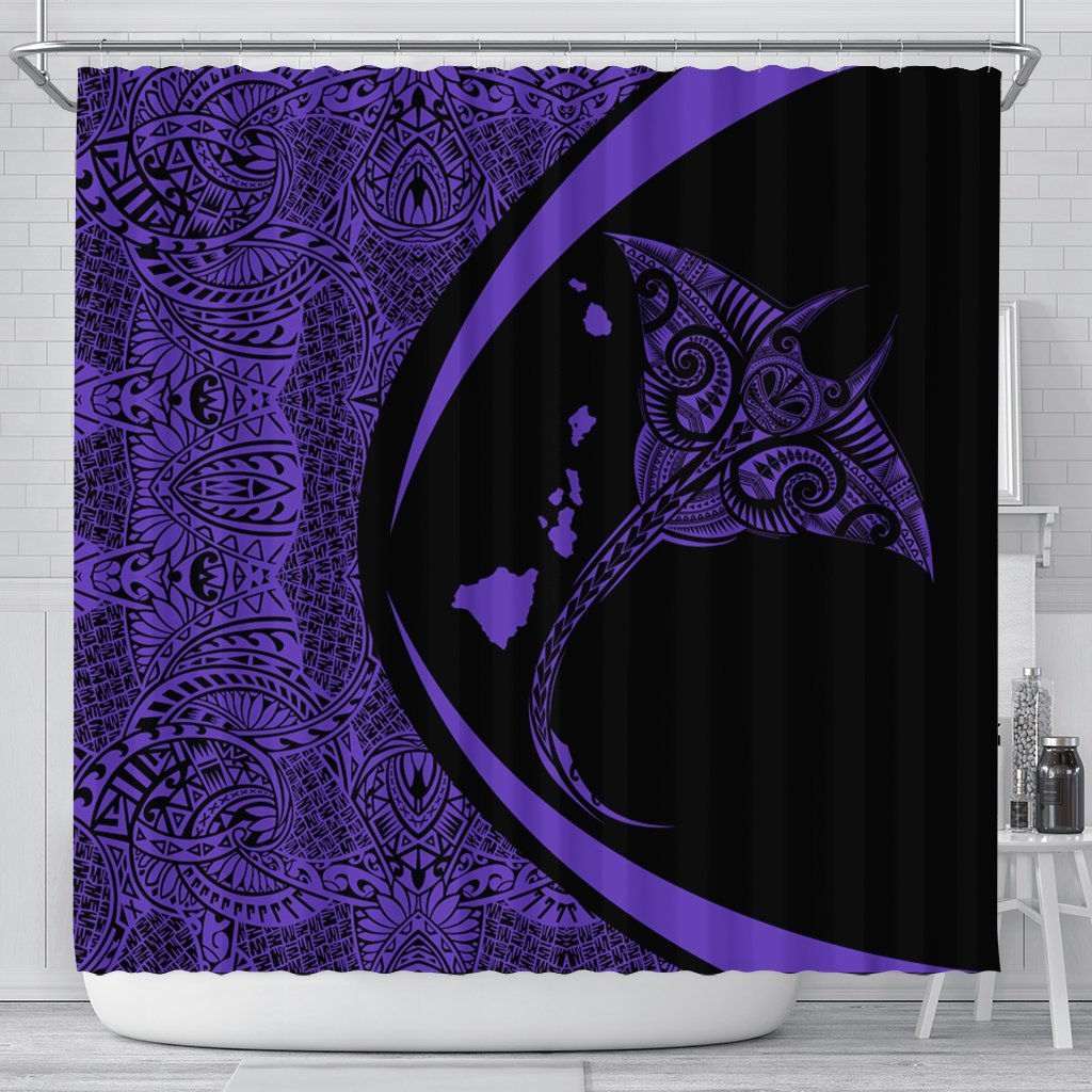 Hawaiian Map Manta Ray Polynesian Shower Curtain - Purple - Circle Style - AH 177 x 172 (cm) Black - Polynesian Pride