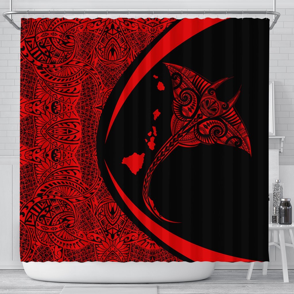 Hawaiian Map Manta Ray Polynesian Shower Curtain - Red - AH 177 x 172 (cm) Black - Polynesian Pride