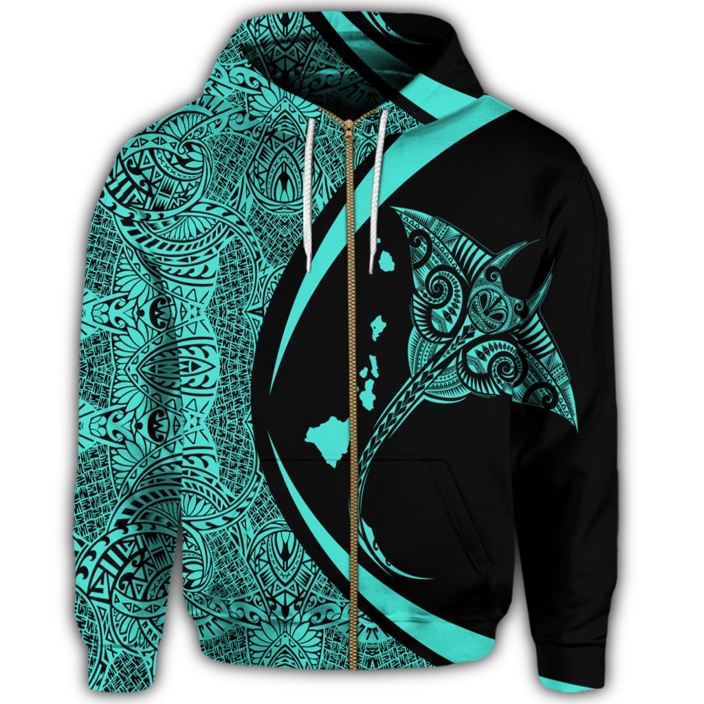 Hawaiian Map Manta Ray Polynesian Zip Hoodie Turquoise Circle Style - Polynesian Pride