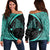 Hawaiian Map Manta Ray Polynesian Women's Off Shoulder Sweater - Turquoise - Circle Style - AH Black - Polynesian Pride