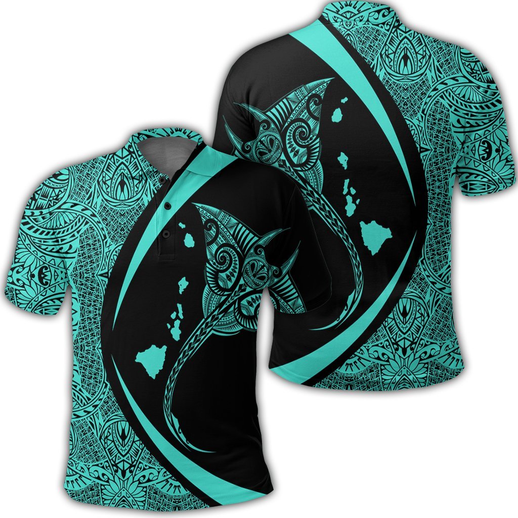 Hawaiian Map Manta Ray Polynesian Polo Shirt Turquoise Circle Style Black - Polynesian Pride