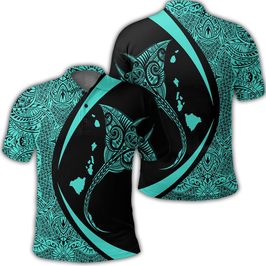 Hawaiian Map Manta Ray Polynesian Polo Shirt Turquoise Circle Style Unisex Black - Polynesian Pride