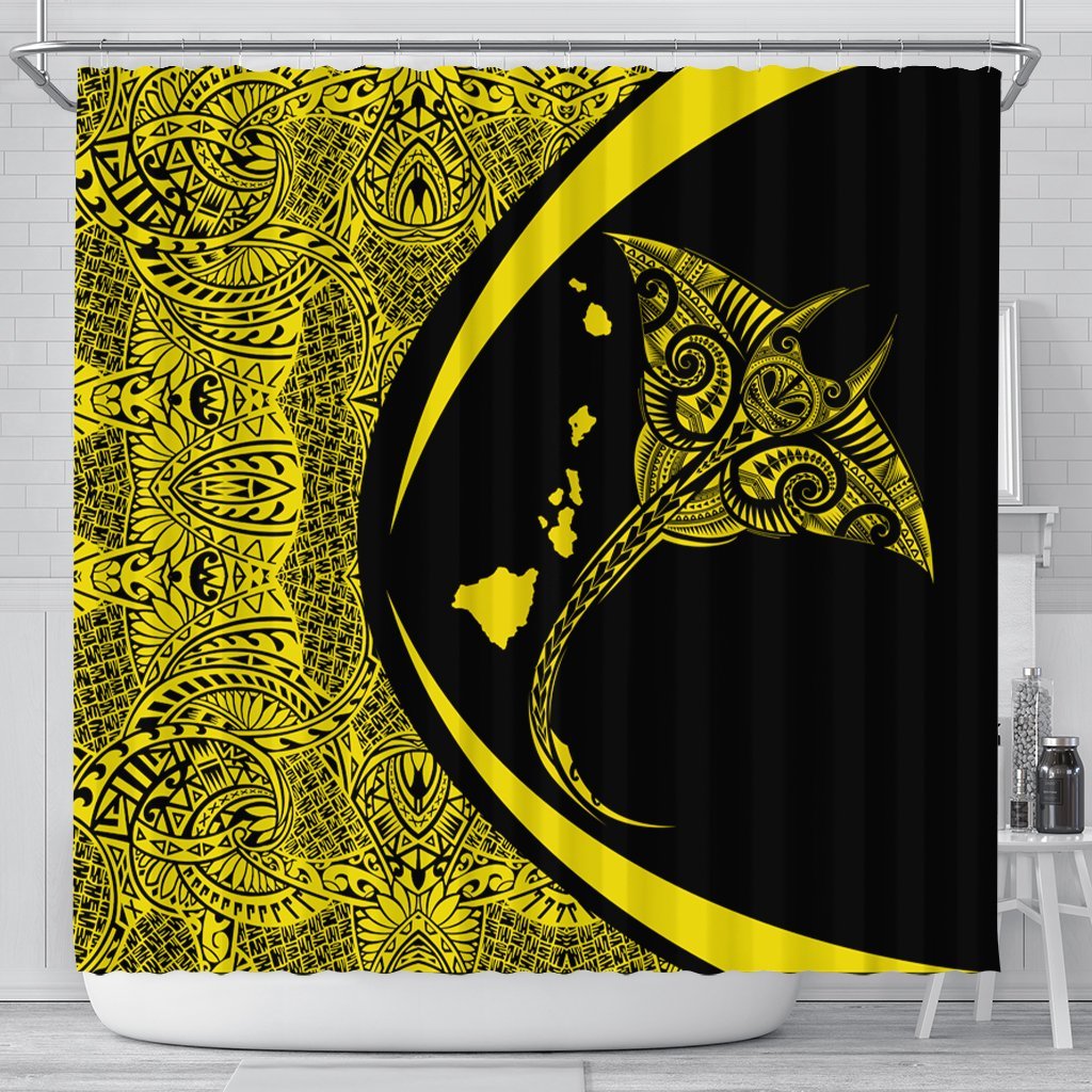 Hawaiian Map Manta Ray Polynesian Shower Curtain - Yellow - Circle Style - AH 177 x 172 (cm) Black - Polynesian Pride