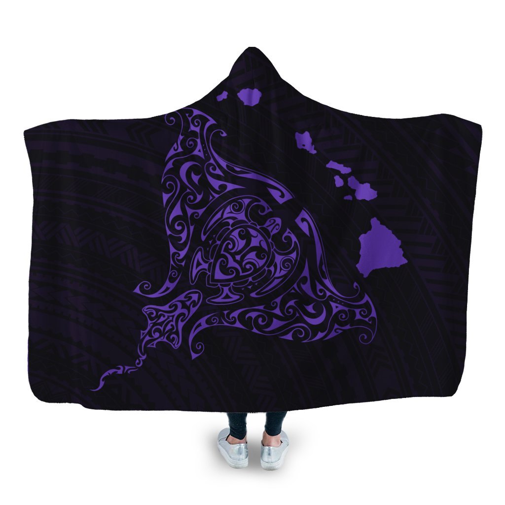 Hawaiian Map Manta Ray Purple Polynesian Hooded Blanket - AH Hooded Blanket White - Polynesian Pride