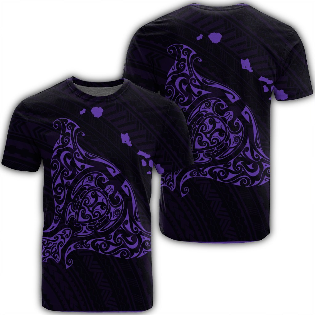 Hawaiian Map Manta Ray Purple Polynesian T Shirt Black - Polynesian Pride