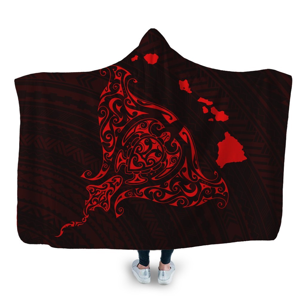 Hawaiian Map Manta Ray Red Polynesian Hooded Blanket - AH Hooded Blanket White - Polynesian Pride