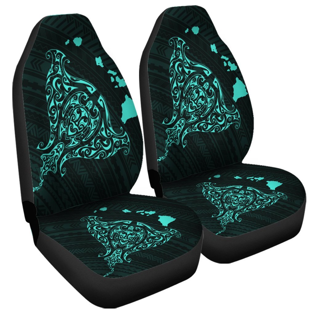 Hawaiian Map Manta Ray Turquoise Polynesian Car Seat Covers - AH Universal Fit Black - Polynesian Pride